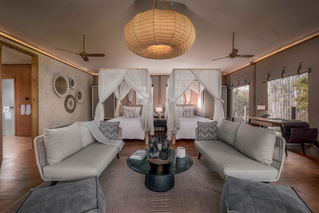 interior view of the bedroom in a twin room of the JW Marriot Masai Mara Kenya