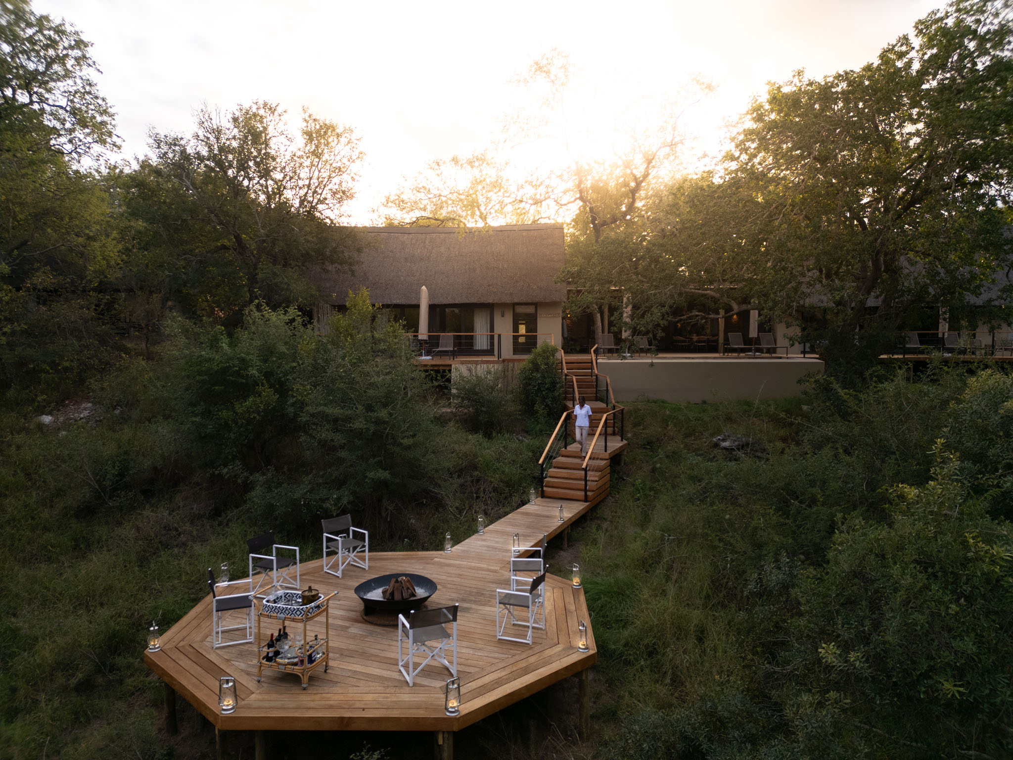 aerial view of floating fireplace deck by Kamara house Thornybush