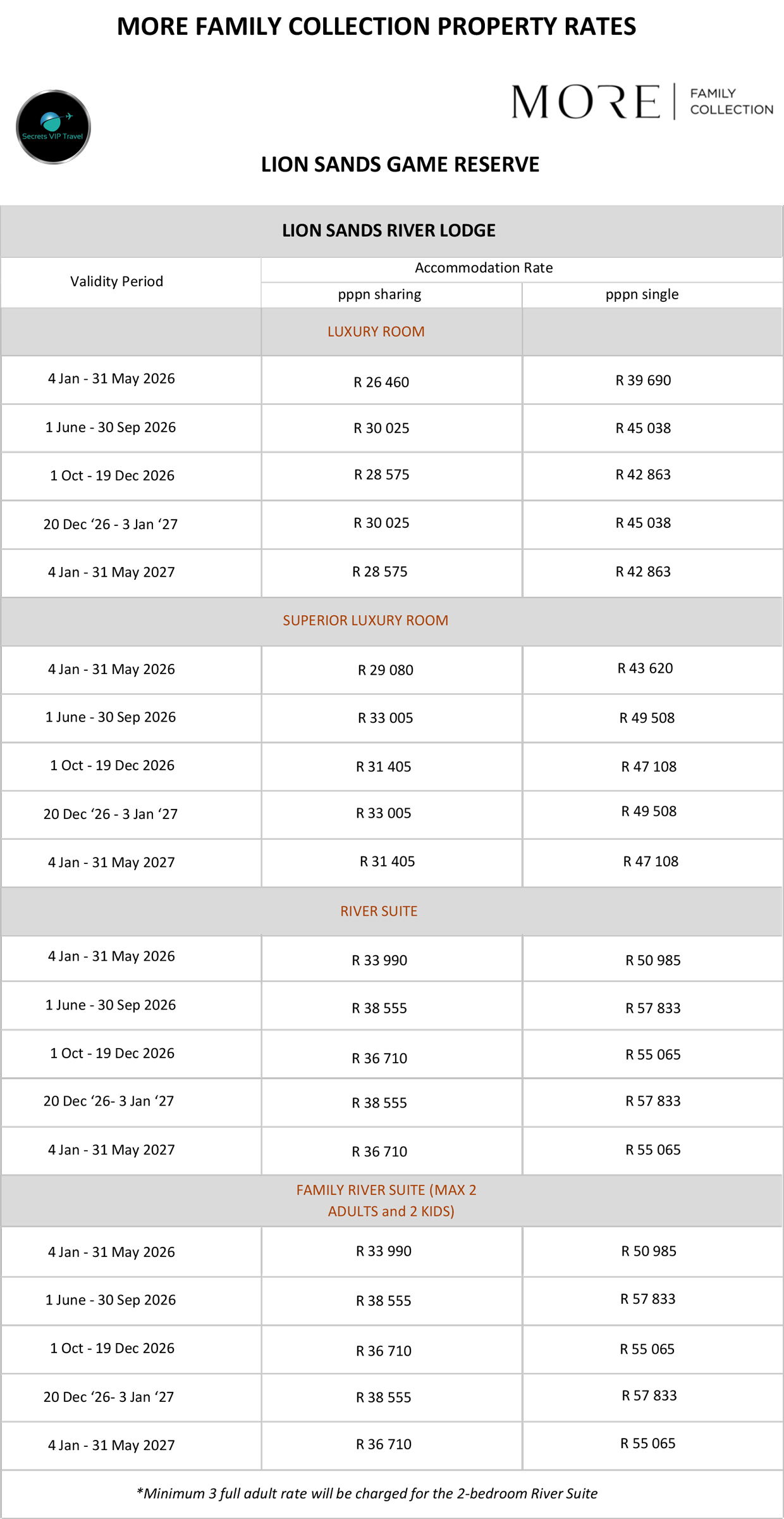 screenshot of accommodation rates for Lion Sands Game Reserve 1