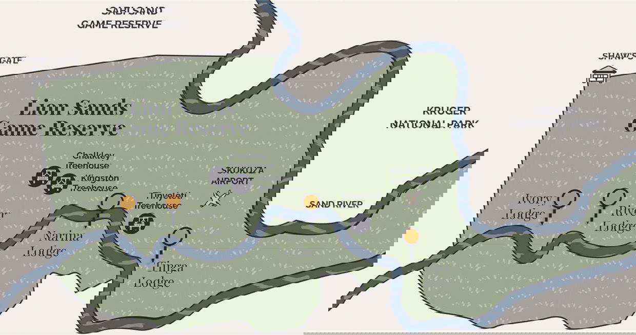 screenshot image of a map showing location of Lion Sands Game Reserve