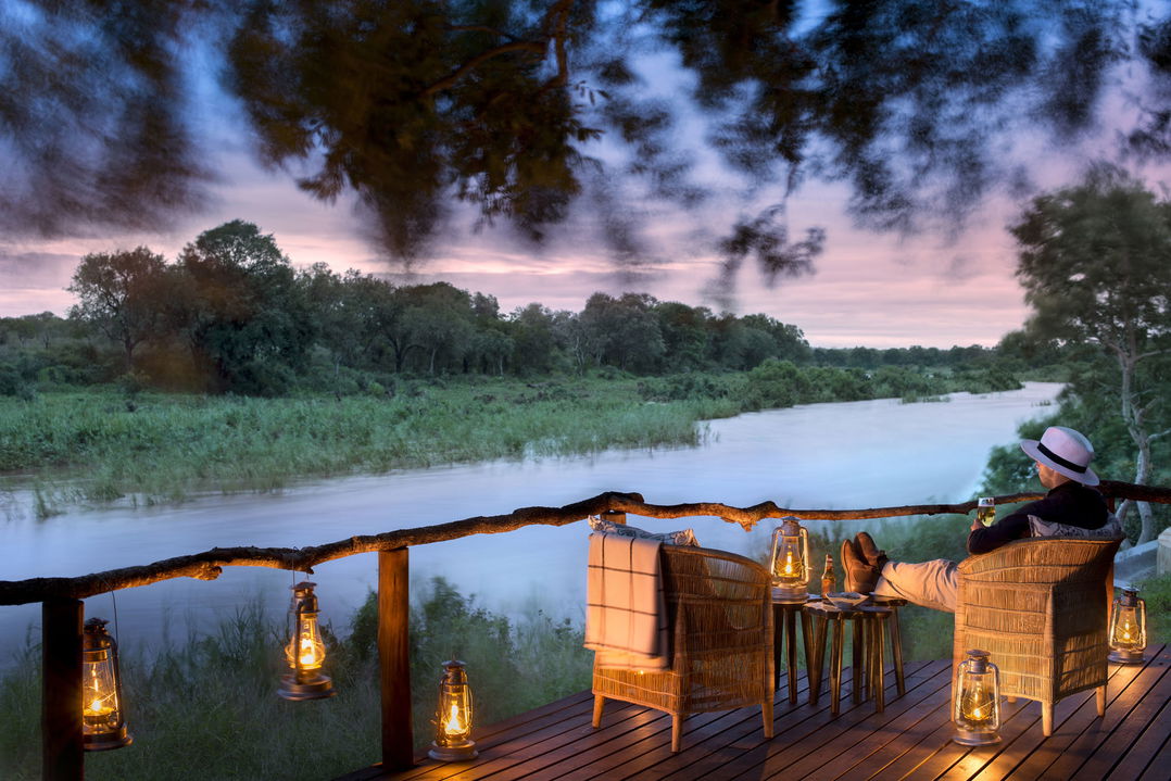 guest deck area at sunset by Tinga lodge Lion Sands Game Reserve