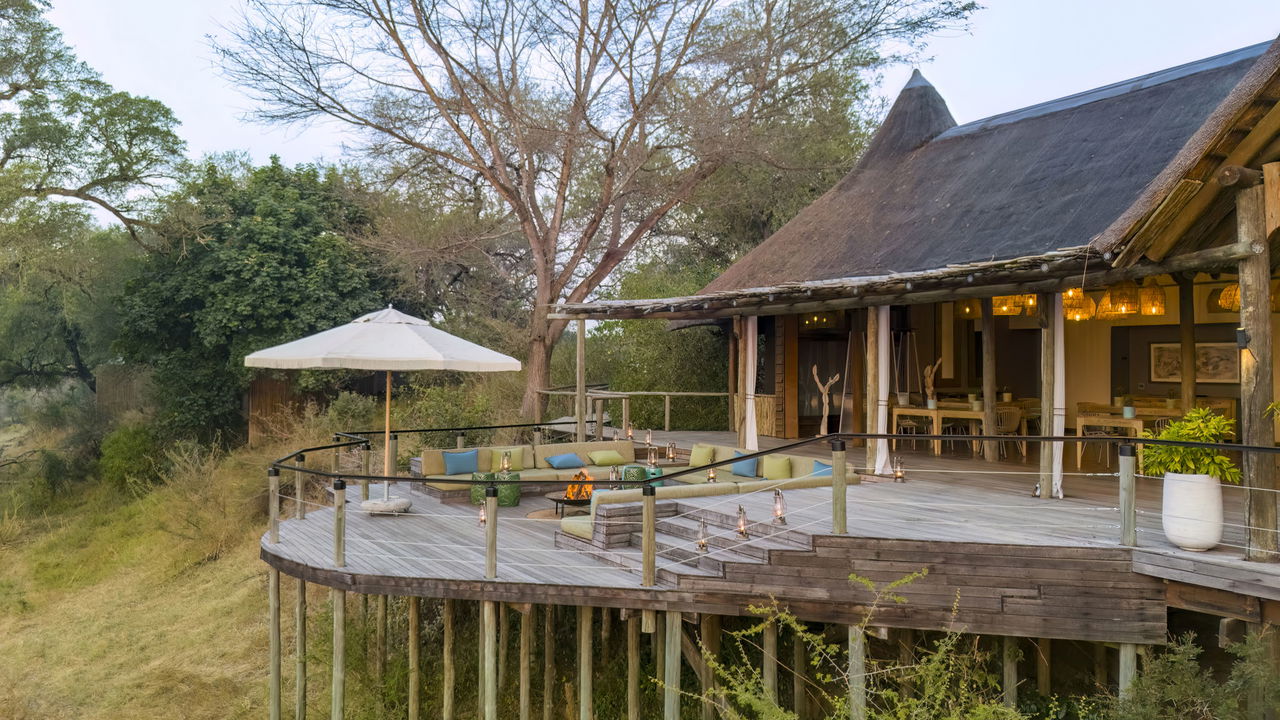 exterior view of the main lodge deck from below at Narina lodge Lion Sands
