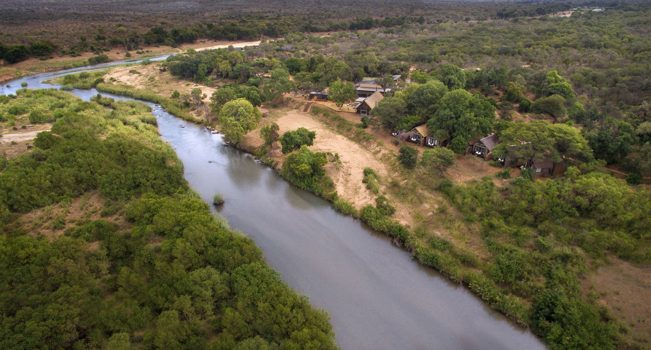 aerial view of River lodge Lion sands next to river