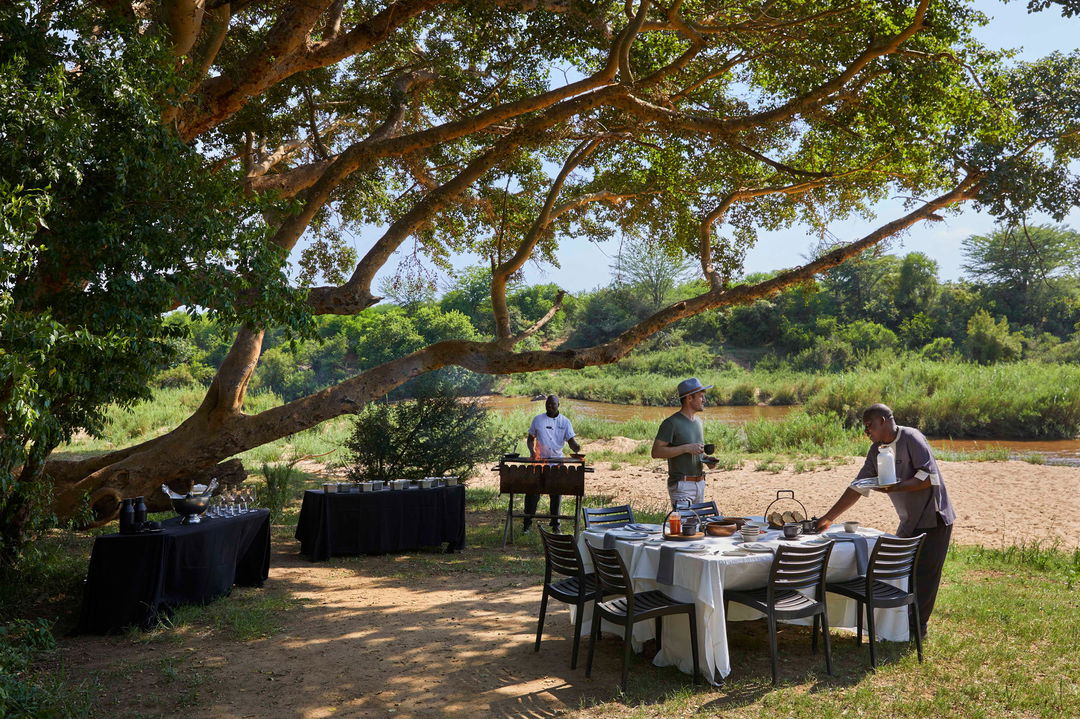 bush breakfast under trees at Tinga lodge Lion Sands