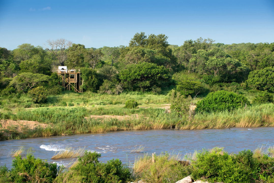 view of Tinyeleti treehouse from across the river at lion sands