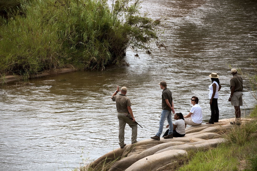 guides and guests by river on a walking safari at Lion Sands Game Reserve