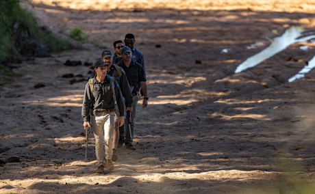 guide and guests on a walking safari by Lion Sands Game Reserve