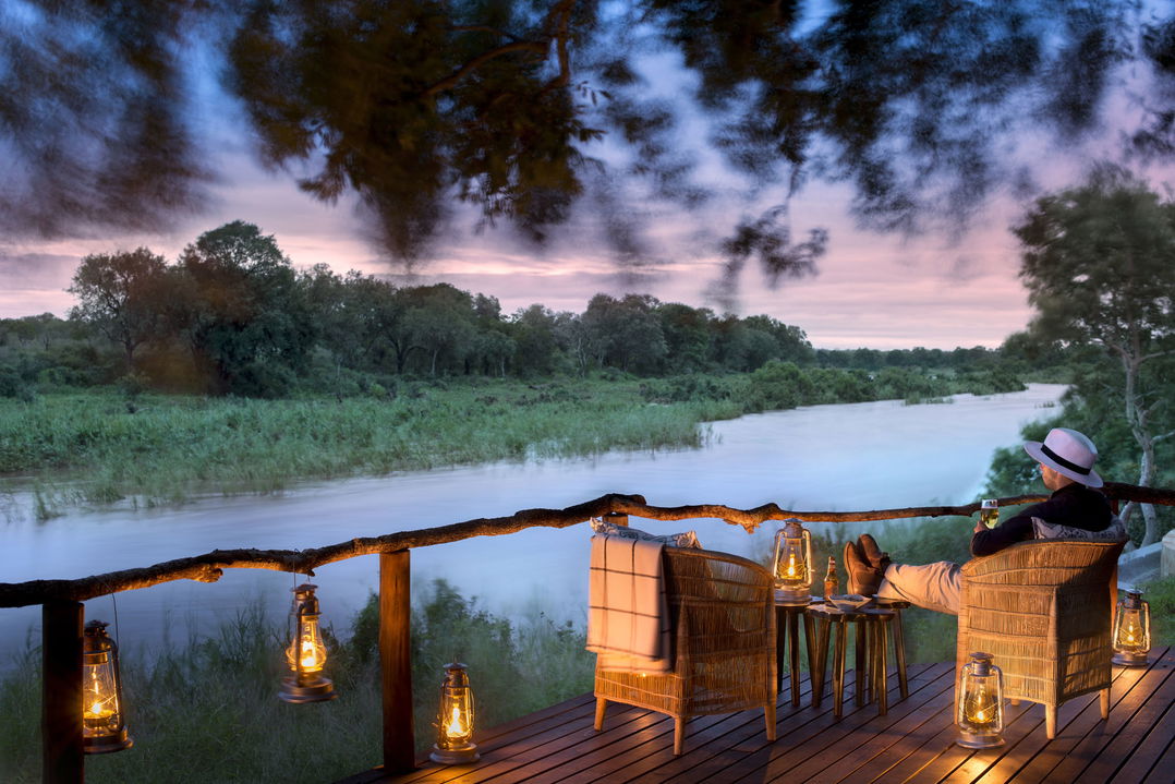 guest deck area at sunset by Tinga lodge Lion Sands Game Reserve