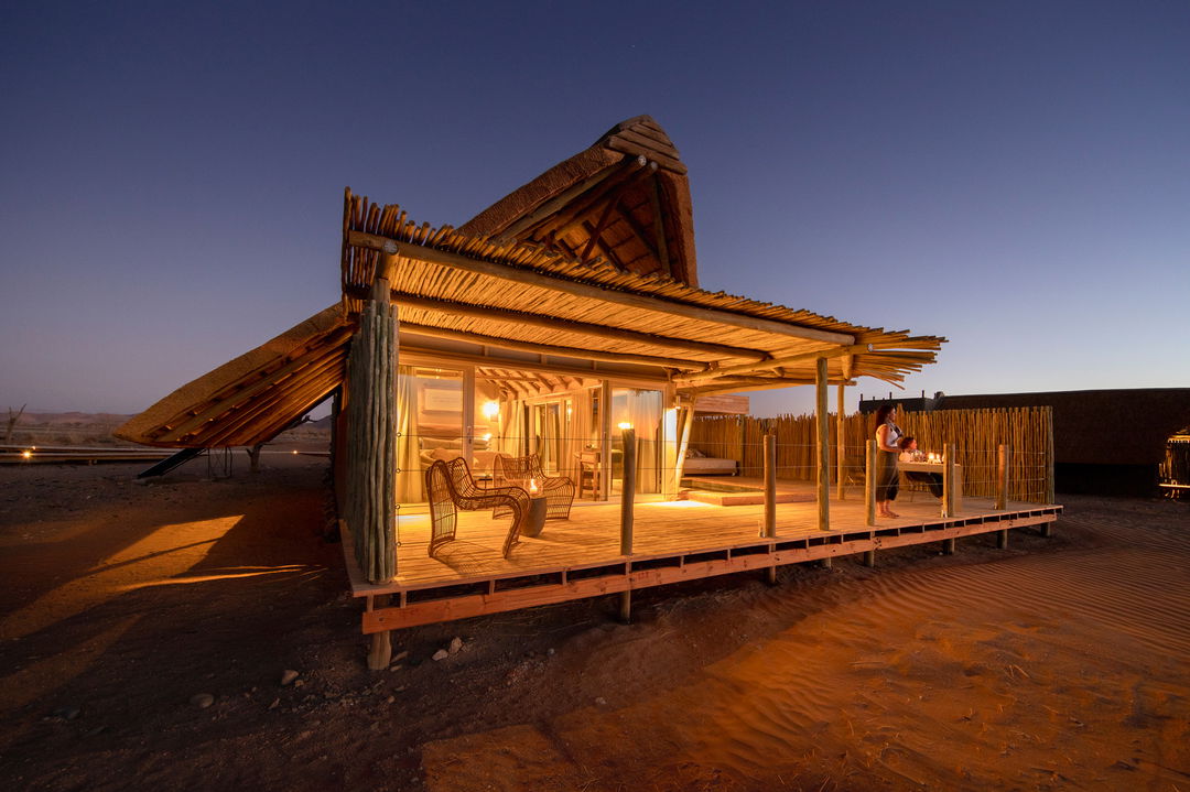 room at night at little Kulala camp wilderness Namibia