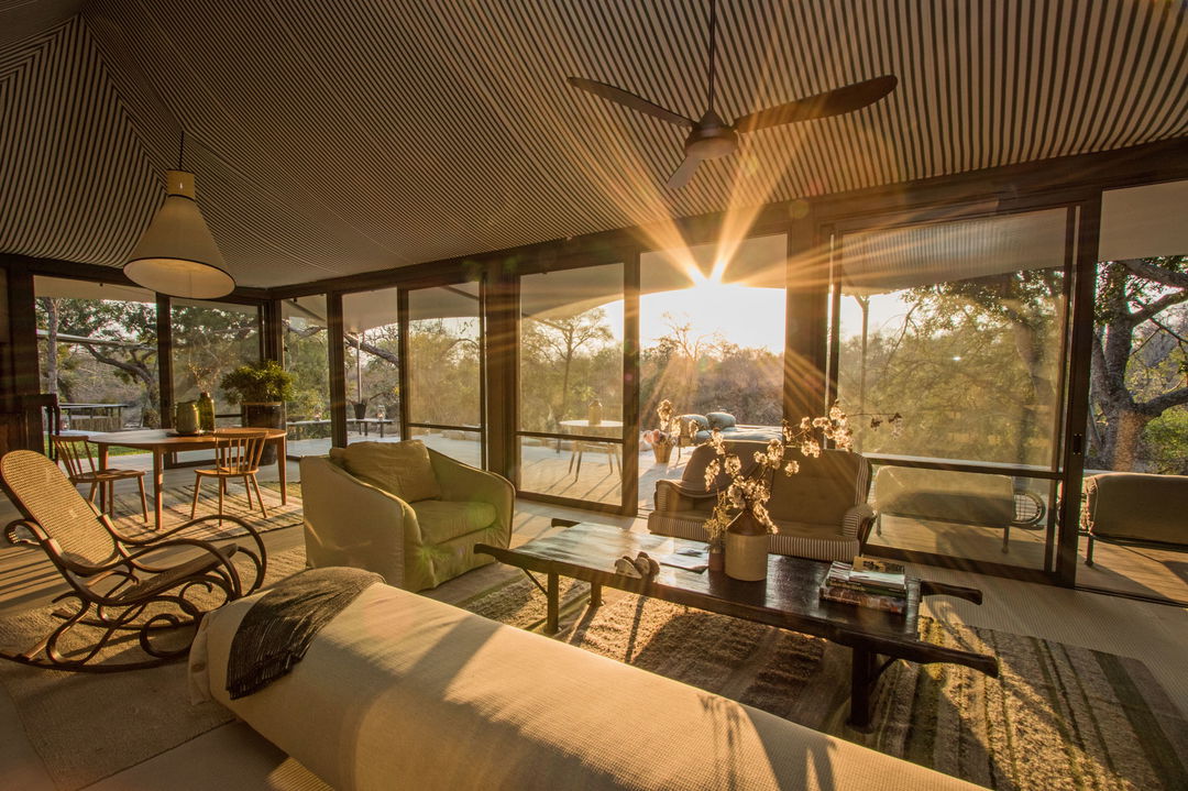 main lounge at sunrise by Little Saseka tented camp Thornybush