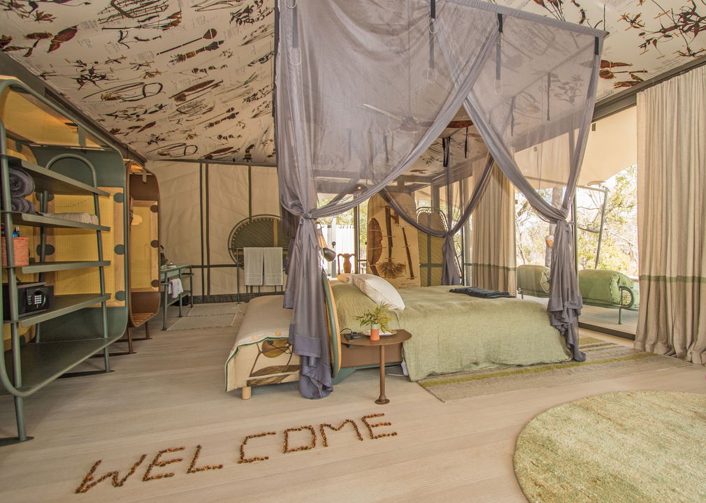 inside of luxury room with big bed at Little Saseka tented camp Thornybush