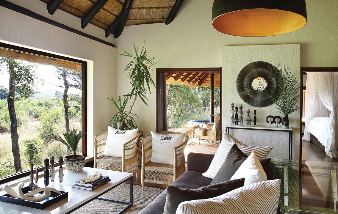 lounge area with a view in a tree camp suite of Londolozi game reserve