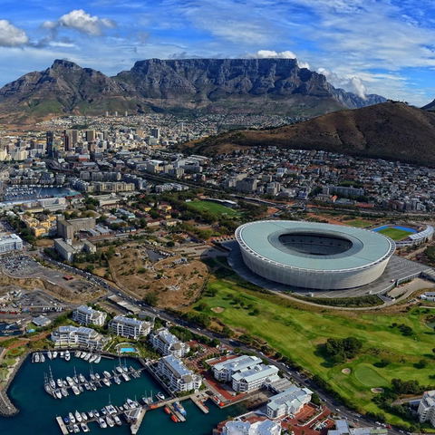 aerial view of cape town and table mountain from ocean side