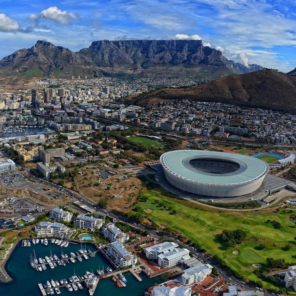 aerial view of cape town and table mountain from ocean side