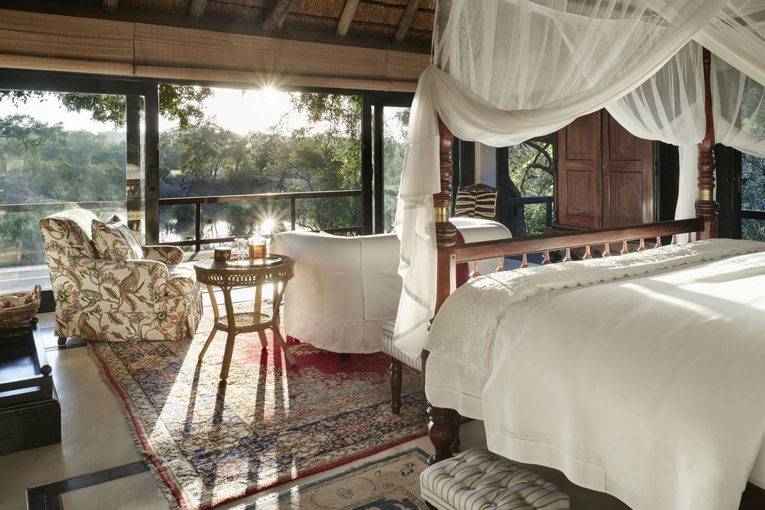 view from luxury room to outside patio and bush at royal Malewane lodge