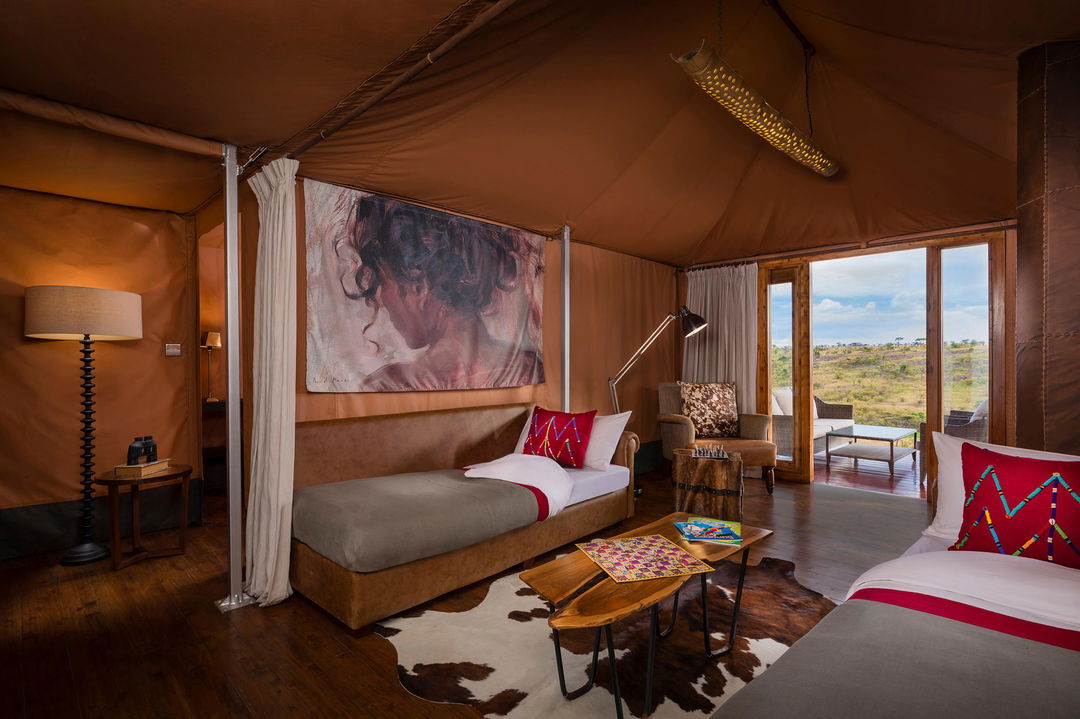 single beds in lounge of family tent at Mahali Mzuri Kenya Masai Mara