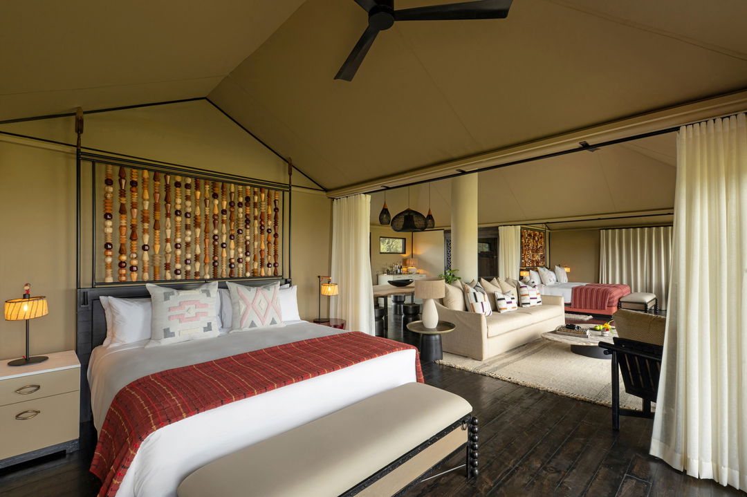 angled bedroom view of family tent at Mahali Mzuri Kenya Masai Mara