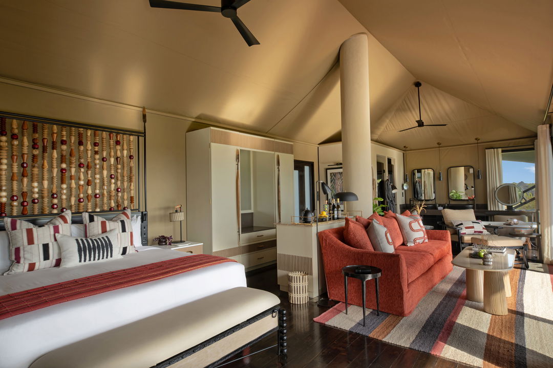 interior view of a bedroom in a tented suite of Mahali Mzuri Kenya Masai Mara