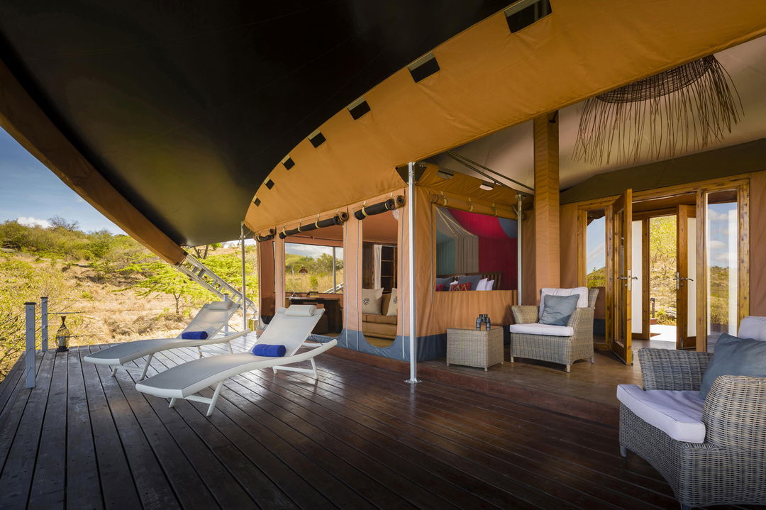 outside view of the deck and lingers of a suite at Mahali Mzuri Kenya Masai Mara