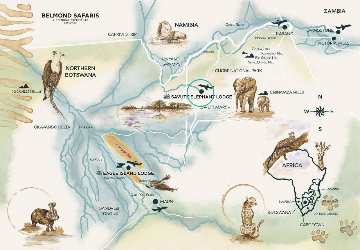 map of delta showing location of savute elephant lodge