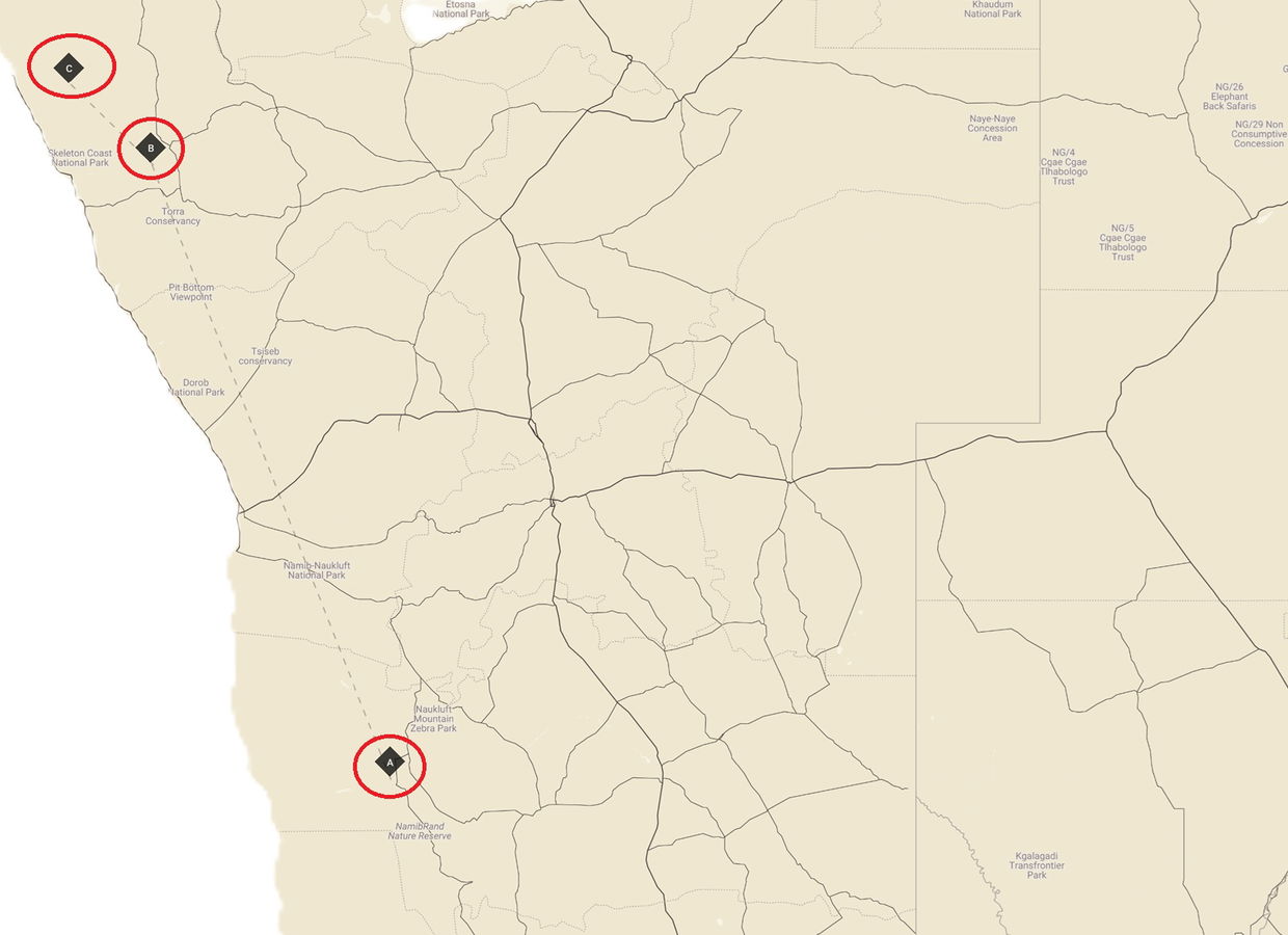 map of namibia with wilderness camp locations