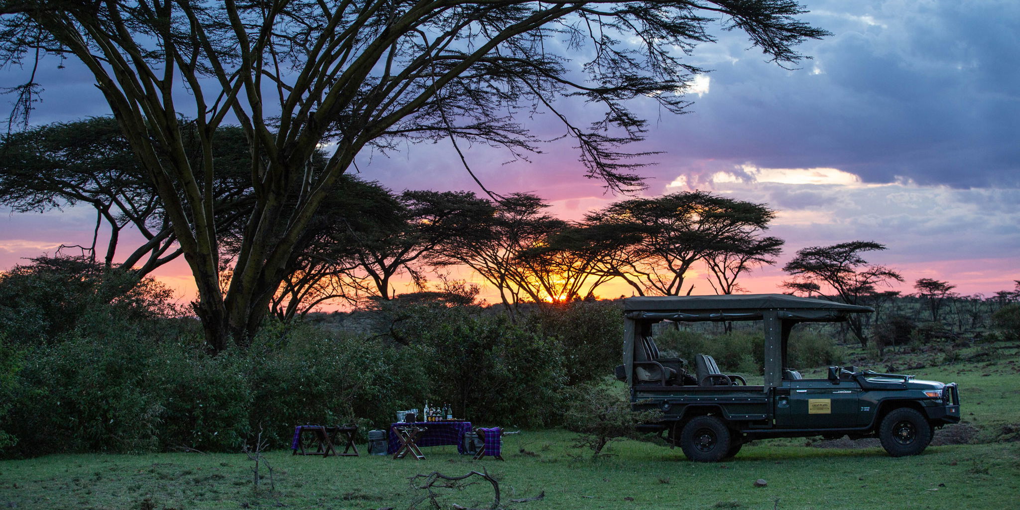 sundowners by safari vehicle under tree at Mara Plains Camp Kenya Masai Mara
