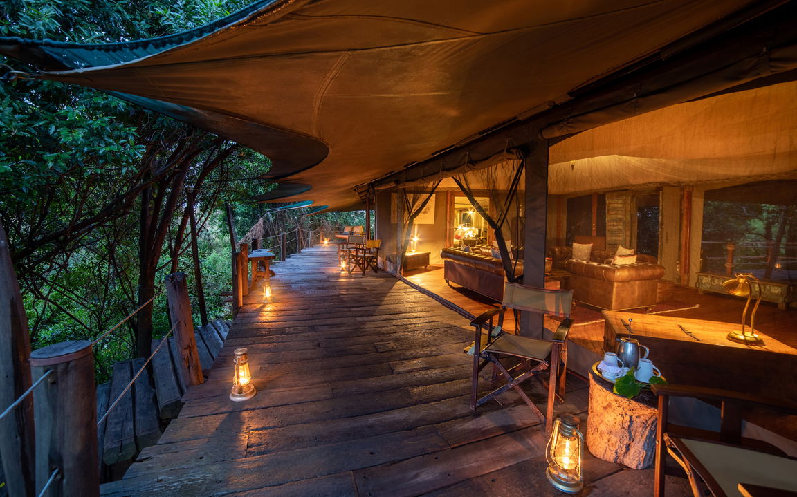 sunset view of the main deck of Jahazi suite at Mara Plains Camp Kenya Masai Mara