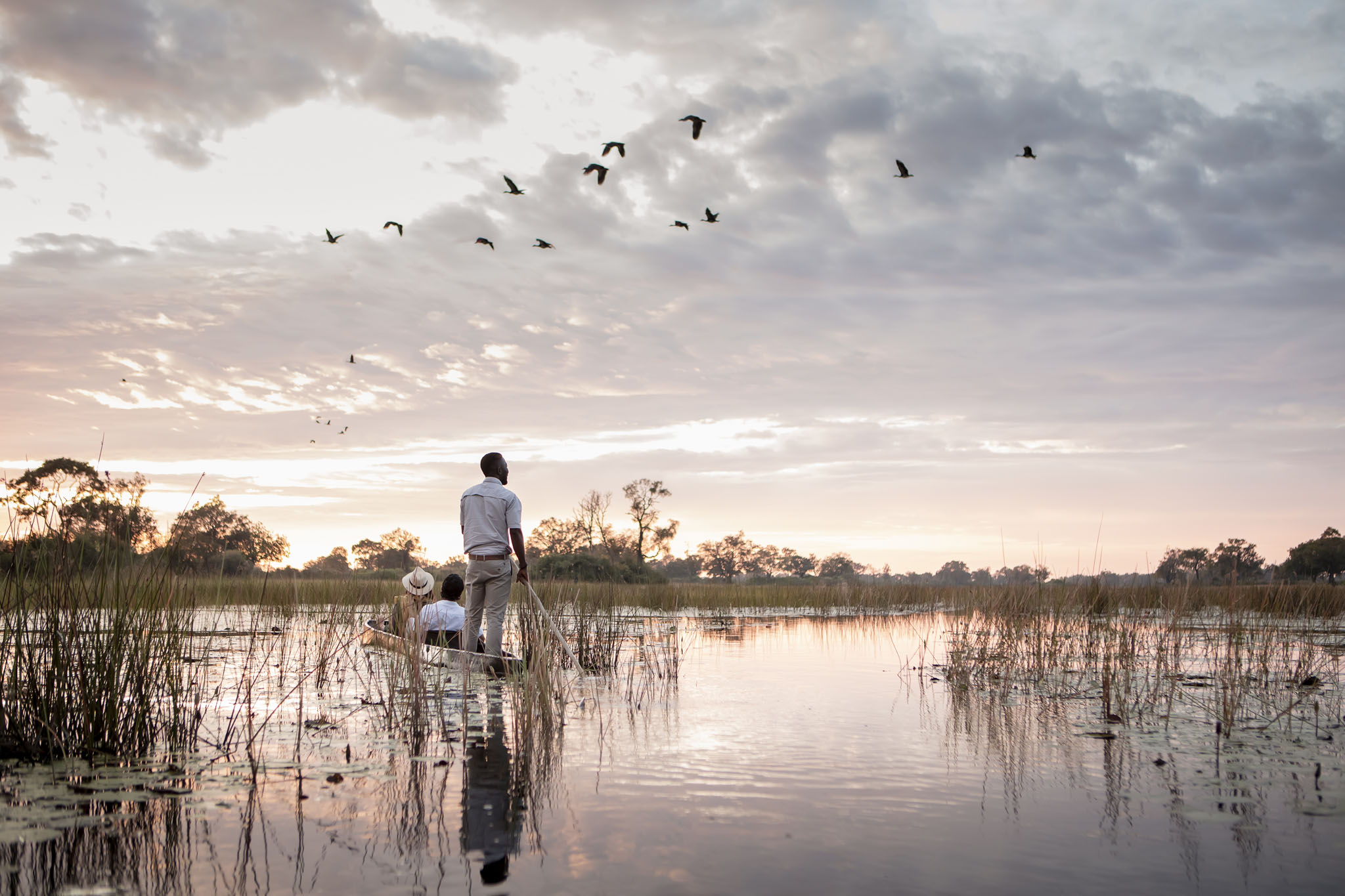 mokoro ride with guide and guests on okavango delta