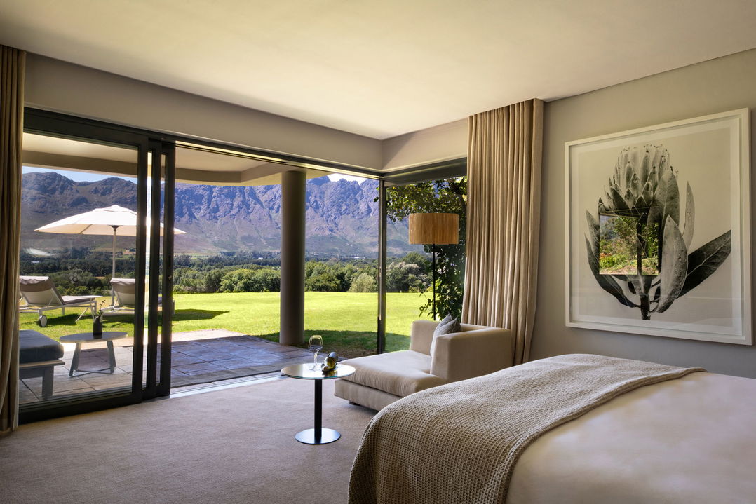 bedroom view with open patio vistas at Mont Rochelle Wine Estate