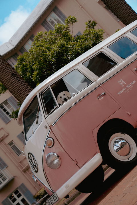 pink combi parked in front of Mount Nelson Hotel Cape Town