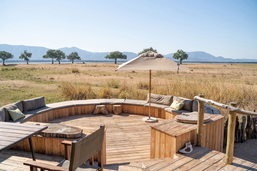 deck and seating area by main lodge of Nyamatusi Camps Mana Pools Zimbabwe 