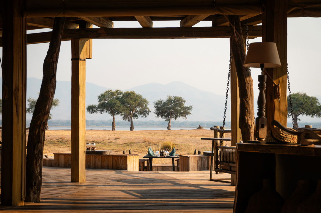 view from inside the main guest area of Nyamatusi Camps Mana Pools Zimbabwe 