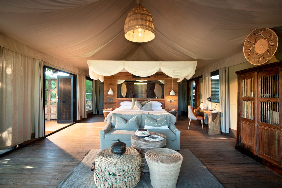 inside a family suite bedroom at Nyamatusi Mahogany Camp Mana Pools Zimbabwe 