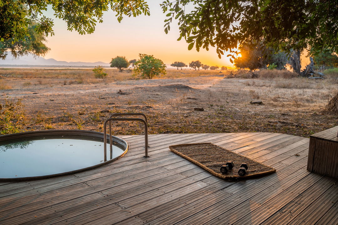 splash pool with views on the deck of tented suite by Nyamatusi Camps Mana Pools Zimbabwe 