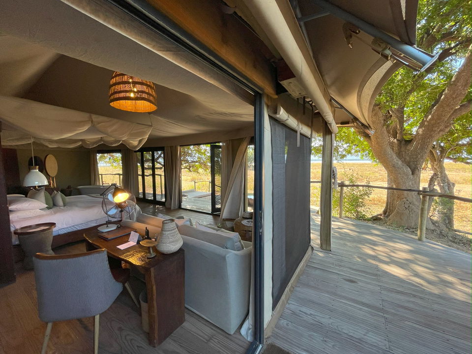 view of deck and bedroom of family suite by Nyamatusi Mahogany Camp Mana Pools Zimbabwe 