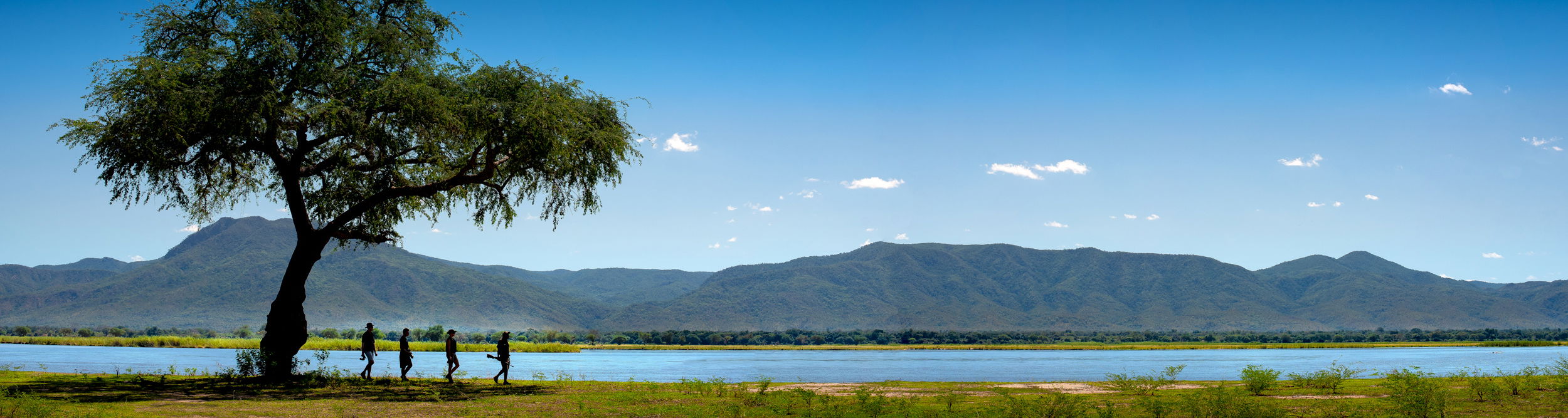 guests with guide on a walking safari near river at Nyamatusi lodge mana pools Zimbabawe