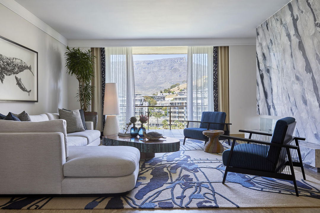 interior view of luxury bedroom with mountain views at One&Only Resort Waterfront Cape Town