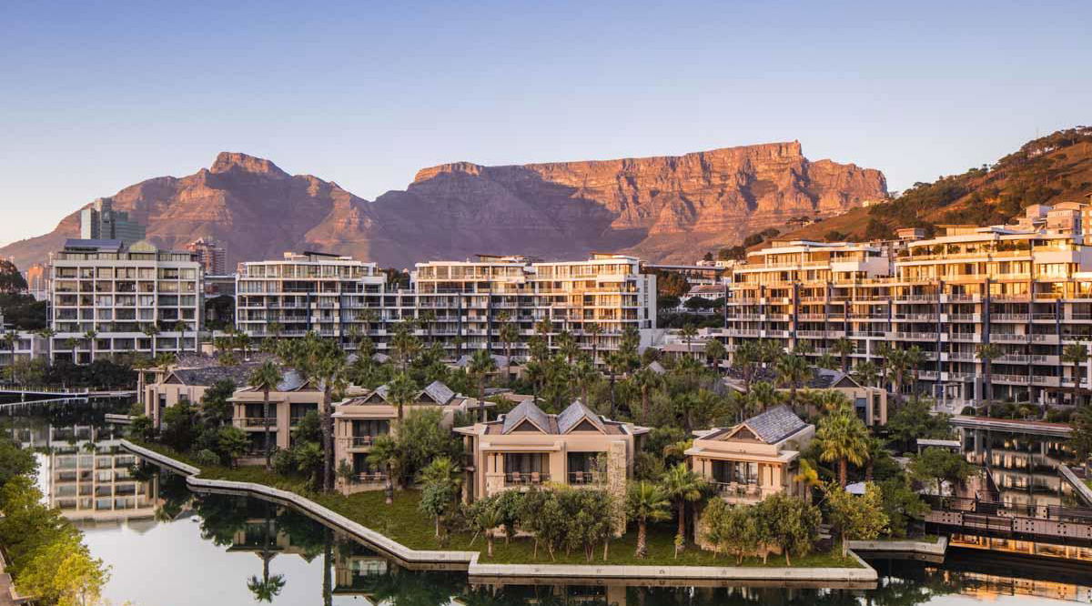 exterior sunset view of resort from above at One&Only Resort Waterfront Cape Town