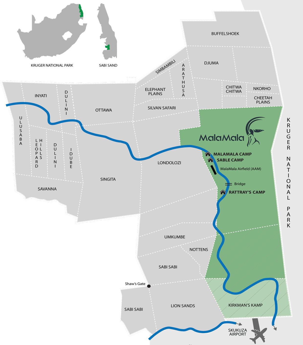 map of the kruger national park showing all the private game lodges in Malamala reserve