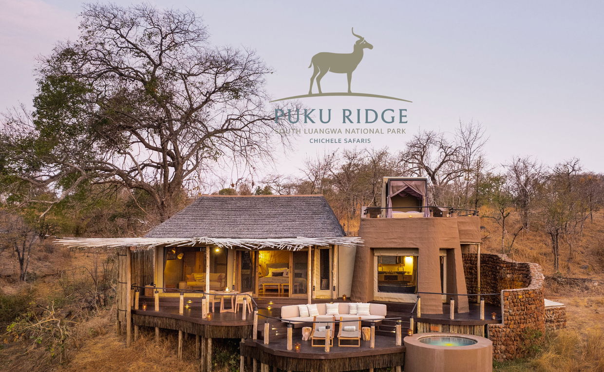 exterior view of Puku ridge tented suite on hill with logo overlay