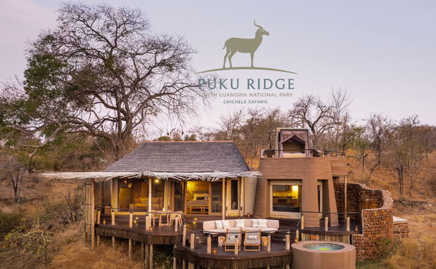 exterior view of Puku ridge tented suite on hill with logo overlay exterior view of Puku ridge tented suite on hill with logo overlay
