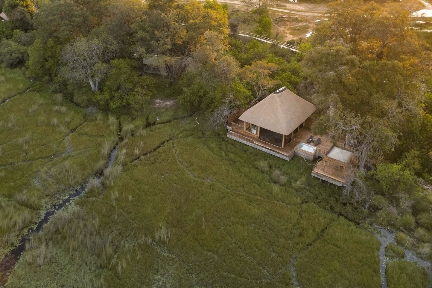 aerial view of luxury suite at Vumbura Plains Camp Wilderness Okavango Delta