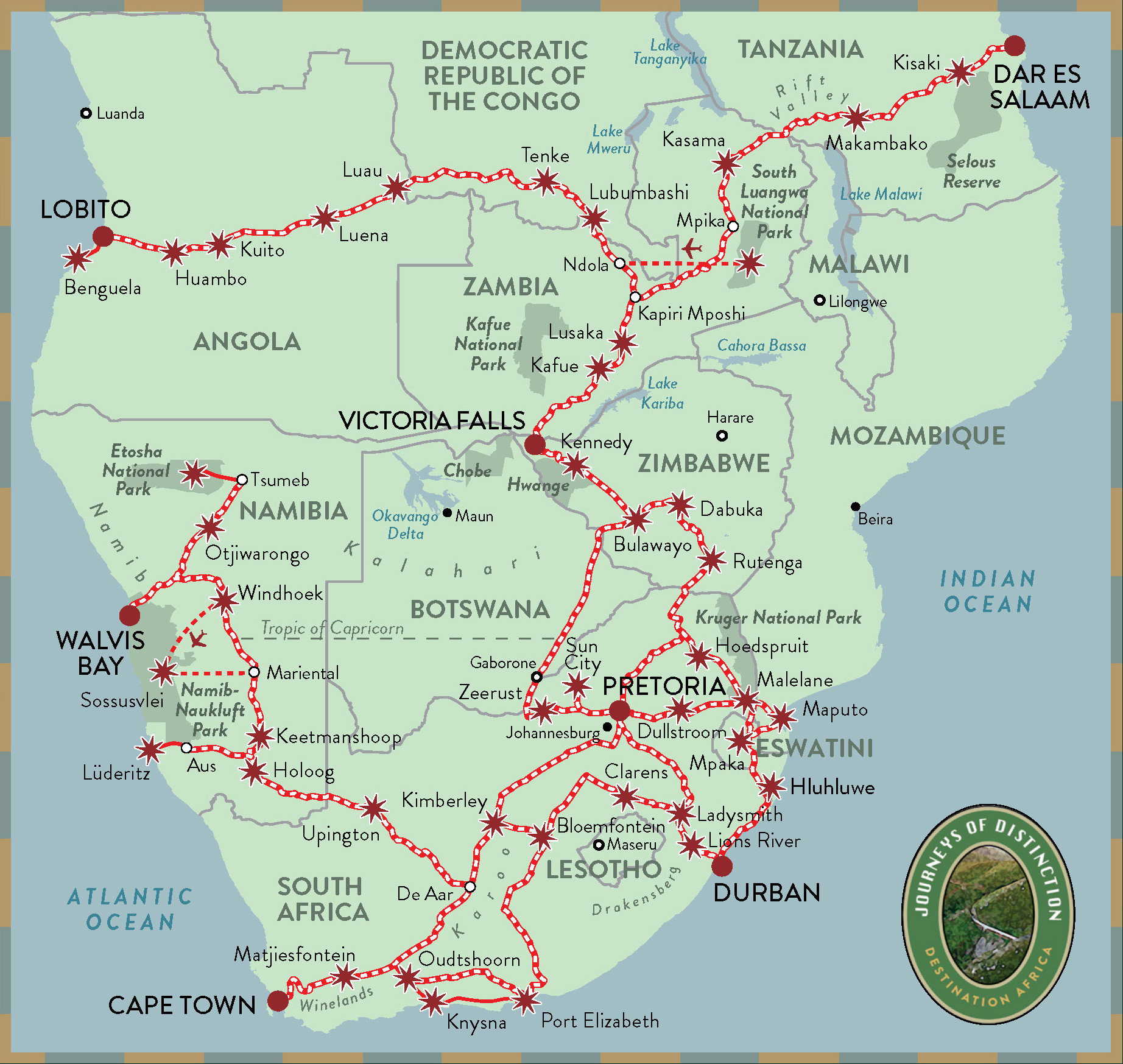map of Africa with journeys shown by Rovos rail trainl