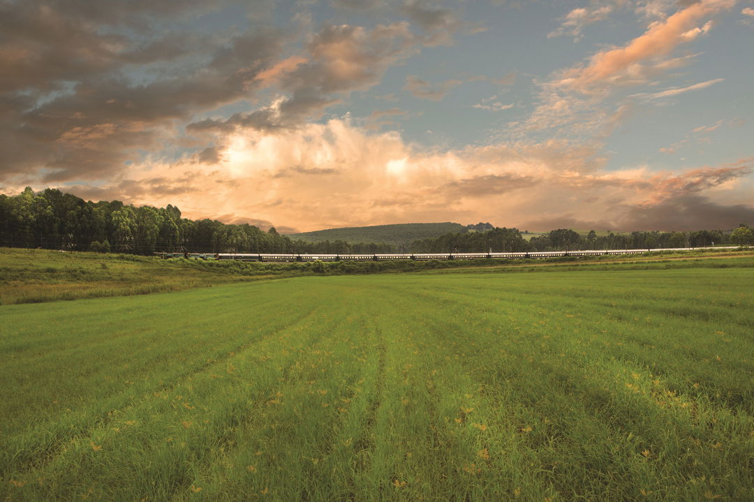 sunset view of side of train ride through south Africa at Rovos rail luxury train safaris