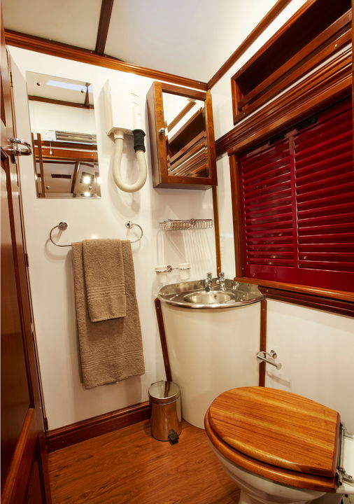 view of the inside of deluxe twin cabin bathroom on Rovos Rail Luxury Trains