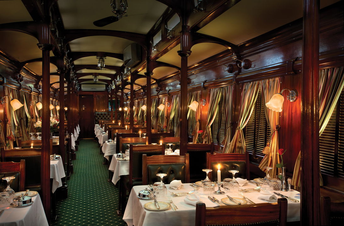 night-time view of the main dining cart of Rovos Rail luxury train