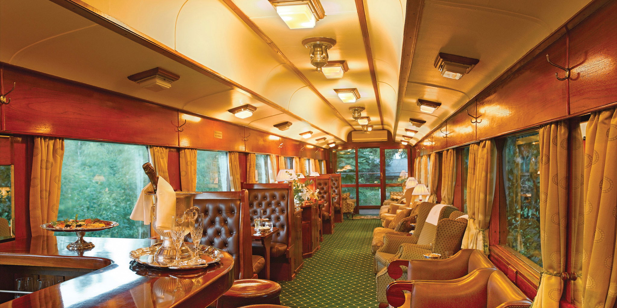 guest bar and entertainment areas of lounge in observation cart of Rovos luxury train