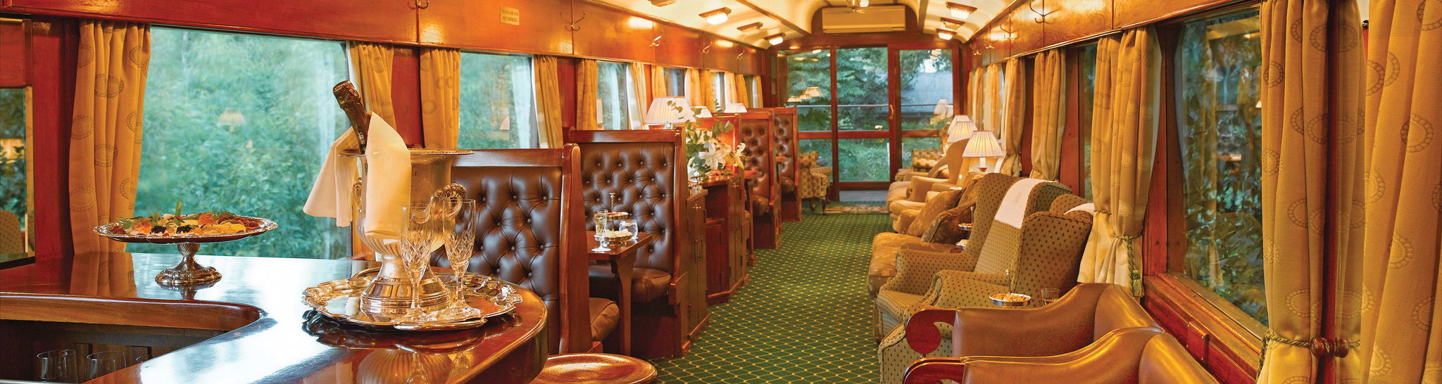 guest bar and entertainment areas of lounge in observation cart of Rovos luxury train