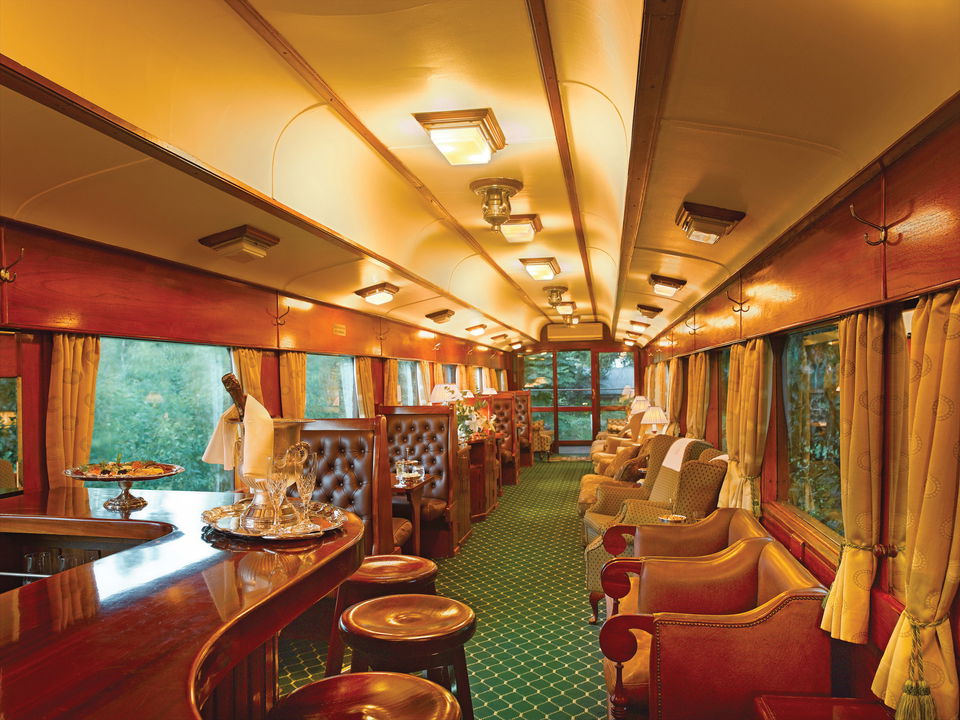 guest bar and entertainment areas of lounge in observation cart of Rovos luxury train