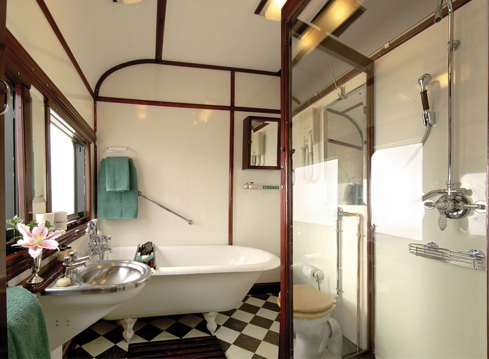 view of the bathroom of the royal suite on Rovos Rail Luxury Trains